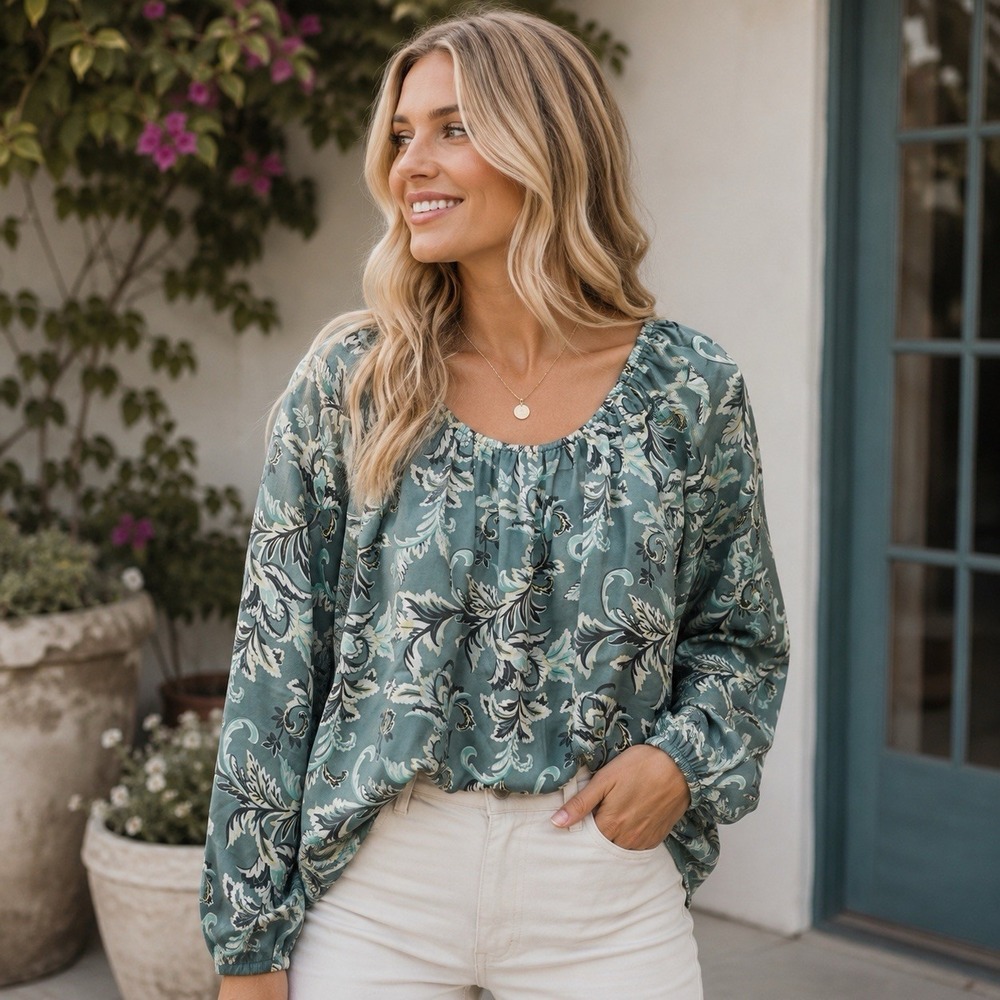 NEW Loft Satin Shirred Floral Blouse Bishop Career Special Occasion Chic L
